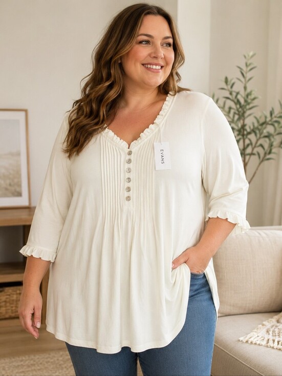 Evans Tops - Evans Womens Size 18 NWT Ivory Tunic Top Pintuck Ruffle 3/4 Sleeve Plus